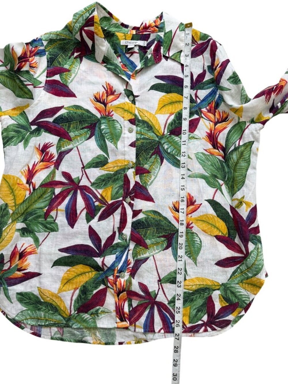 Chicos Womens Size 12 Linen Top Tropical Button-Up Shirt Leaf & Floral Pattern - Picture 6 of 7